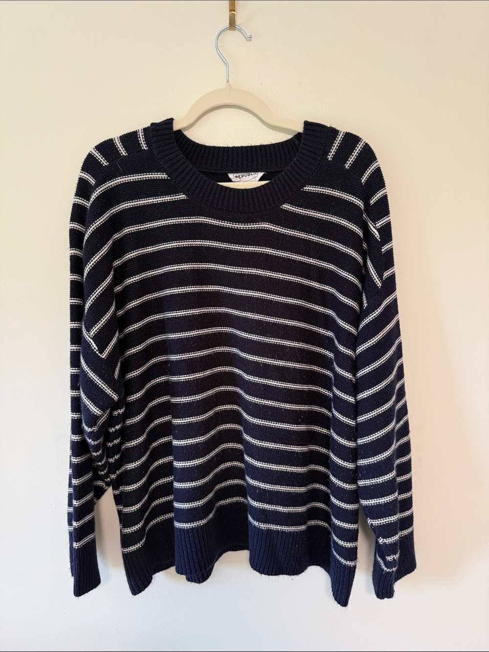 For The Republic Navy and White Striped Crewneck Sweater